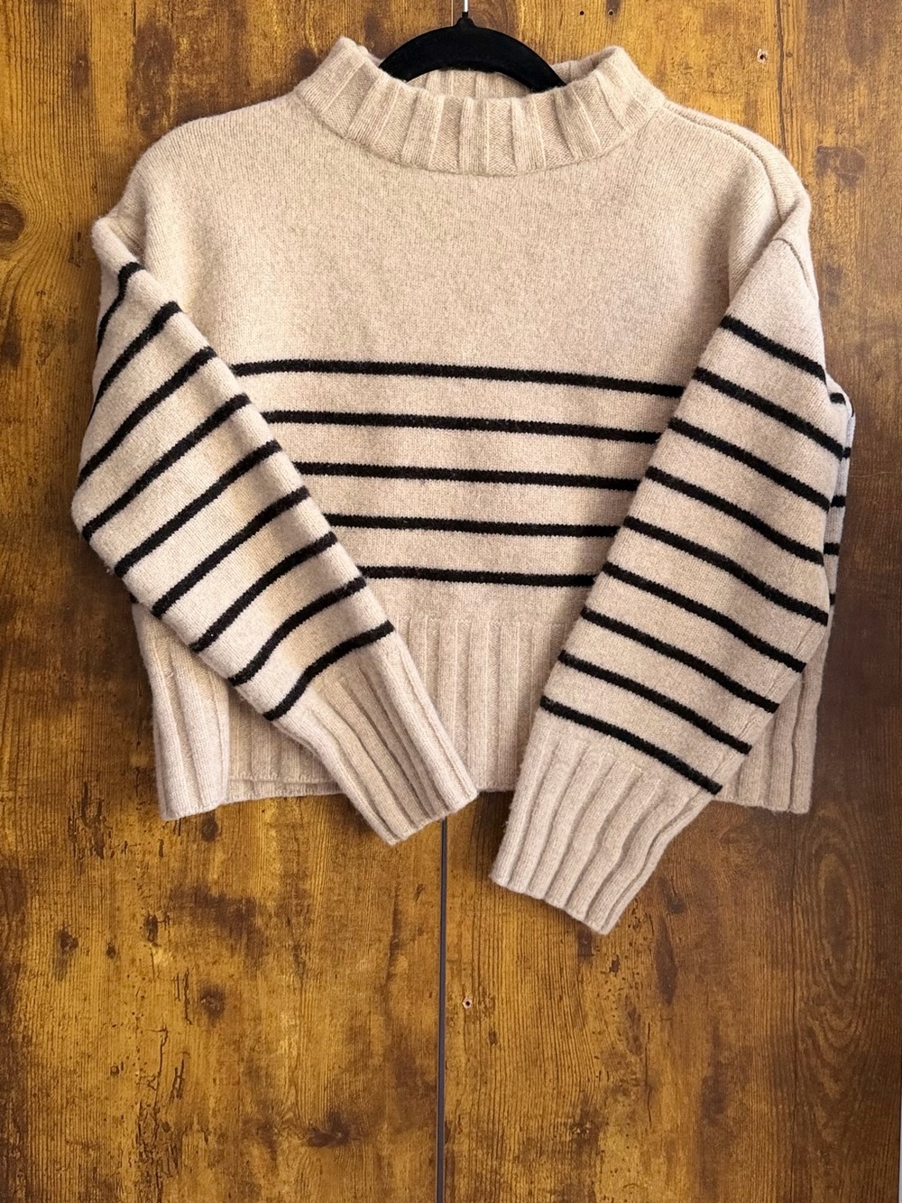 Reformation 100% Merino Wool Striped Mock Neck Sweater Beige Black M